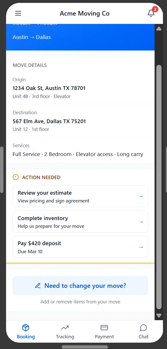 The Settl customer app showing a booking and live move status