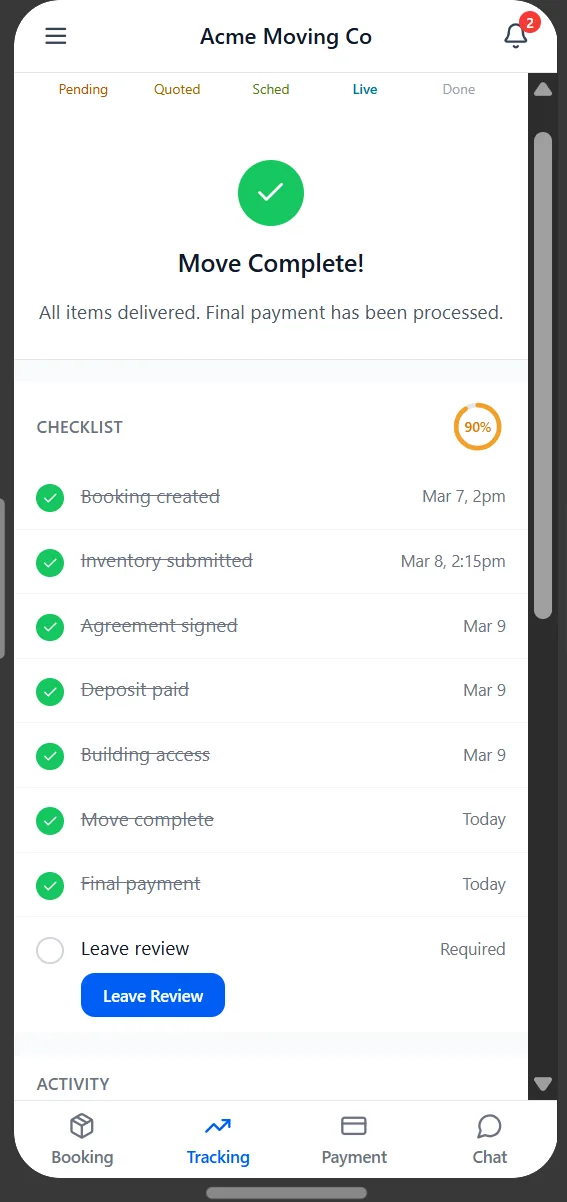The Settl customer app showing a completed move and a review request