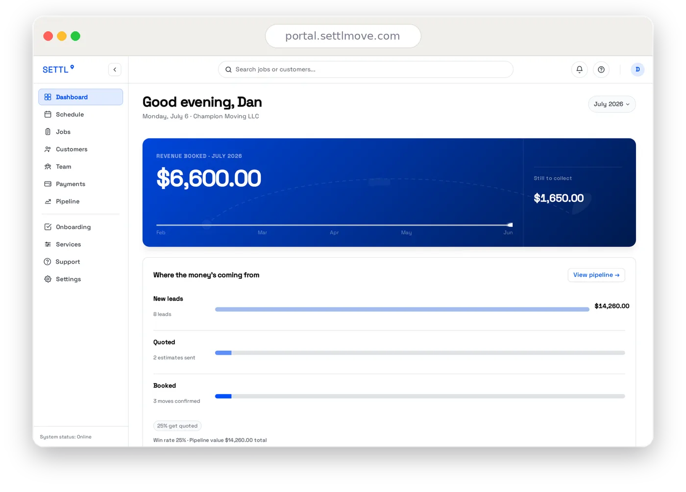 The Settl dashboard showing pending quotes and their follow-up status