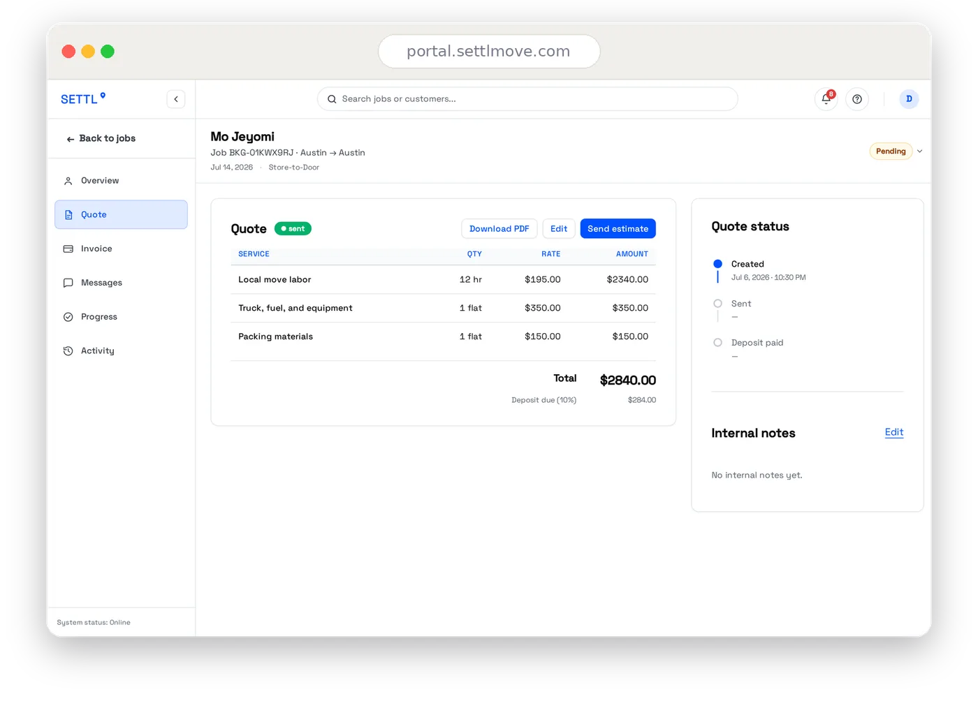 A branded Settl estimate a customer can review, sign and pay online
