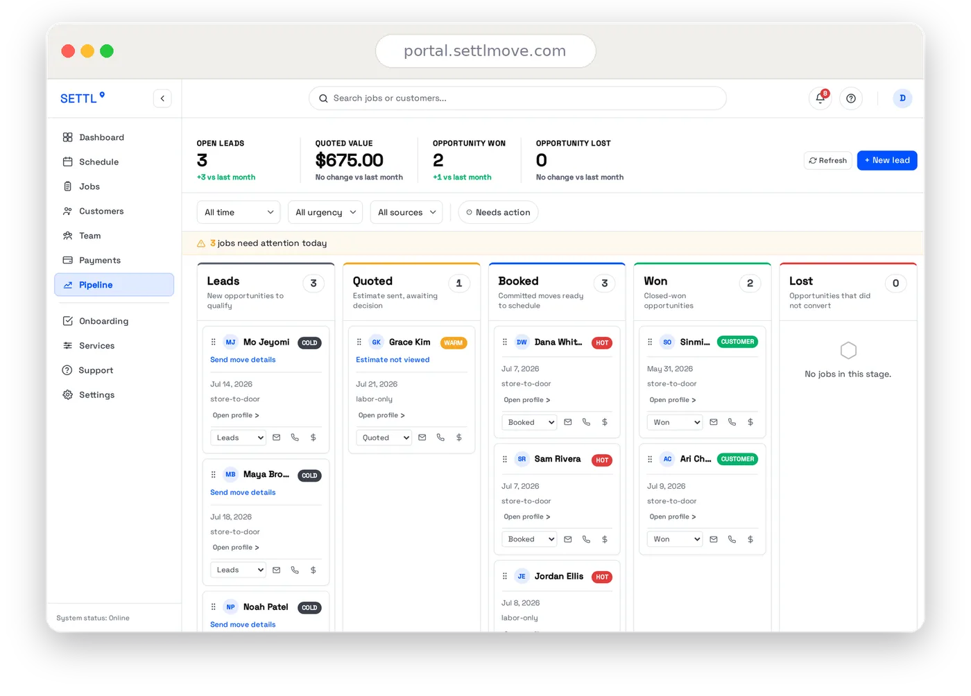 The Settl lead pipeline with new move requests and their details